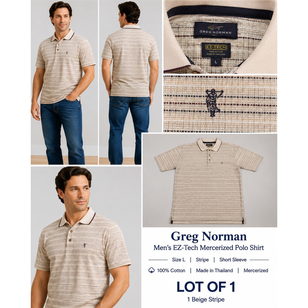 Greg Norman Play Dry Polo Shirt Mens XL Beige Striped Short Sleeve Golf Top